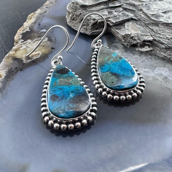 Sterling Southwestern Style Teardrop Shattuckite Dangle Earrings For Women - Picture 5 of 10